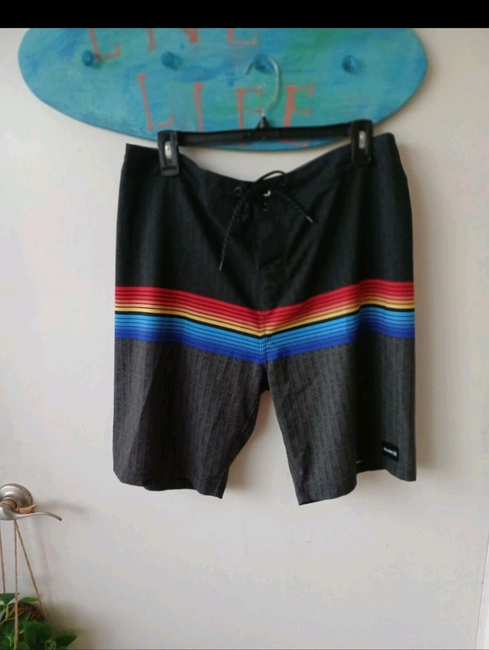 Hurley Men's Black Swim Trunks with Rainbow Stripe Y2K  Sz 33